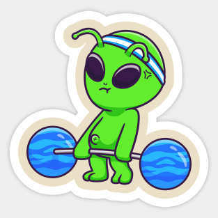 Cute Alien Lifting Planet Barbell Cartoon Sticker